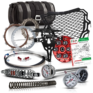 Accesorios para motocicletas, como piezas de embrague, velocímetros, muelles, fundas y bolsas para herramientas.